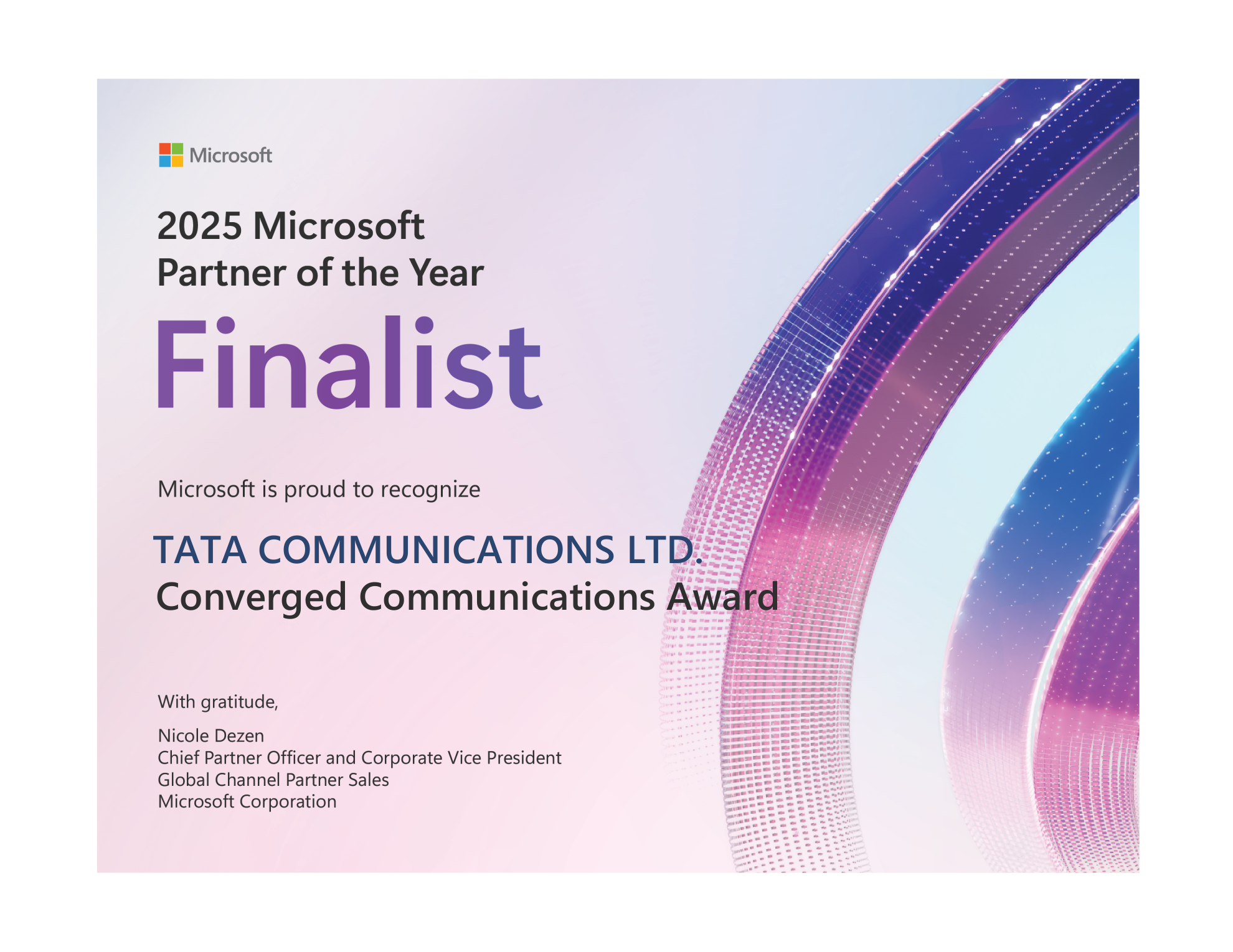Tata Communications has been named a 2025 Microsoft Partner of the Year Award Finalist in the Modern Work – Converged Communications category